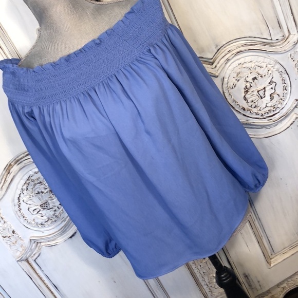 Ann Taylor Petite Sky Blue Smocked Neckline Off Shoulder Long Sleeve Blouse S/MP - Picture 2 of 9